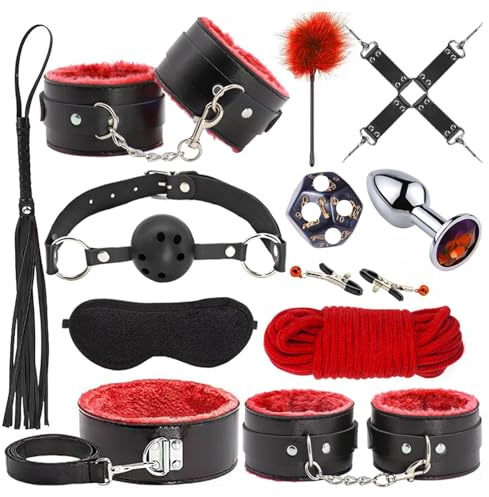 Set Bondage SM per Coppie Set Completo con Benda Plug Anale Palla da Bocca e Frusta di Piume d'Oca Giocattolo Bondage Premium per Principianti e Professionisti Kit SM Estremo per Giochi Erotici