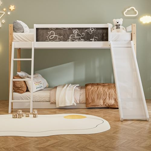 PUGSDRLY Lit Superposé Enfants 90x200/190cm avec Tableau à Graffitis,Lit Superposé 2 Places avec Toboggan,Sommier à Lattes Robuste,Barrière Hautes,pour Enfants Adolescents(Blanc 1)