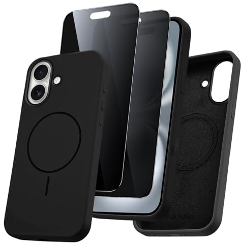 Pnakqil Magnetica Cover per iPhone 16 Compatibile con MagSafe Custodia con 2 Pezzi Privacy Pellicola Protettiva, Morbido Liquido Silicone Antiurto Bumper Case per iPhone 16, Nero