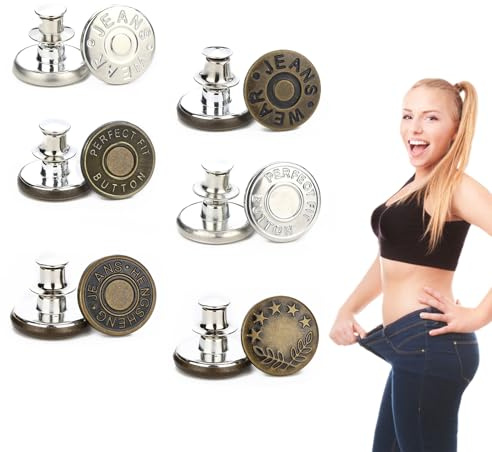 6 Pcs Jeans Button Pins, Buttons for Jeans, Adjustable Pant Waist Tightener, Jeans Buttons Metal Replacement, No Sew and No Tools Instant Jean Button Pins for Pants, Simple Installation, Reusable