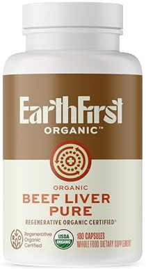 EarthFirst Organic Beef Liver Pure – Regenerative Organic Certified Grass-Fed Liver Supplement – Natural Source of Iron, Vitamin A & B12 – Supports Energy, Metabolism & Vitality – 180 Capsules