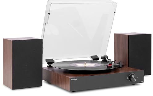 Audizio RP325W – Tocadiscos de Vinilo con Altavoces 60W, Bluetooth in/out, 3 velocidades, reproducción 7/10/12”, diseño en Madera, tracción por Correa y Salida RCA para Sistemas HiFi – Color marrón