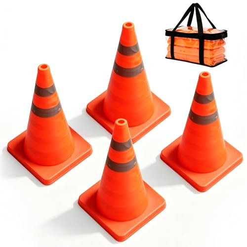 Lot de 4 Cone de Signalisation Pliable, 45 cm Plot de Chantier avec Bandes Réfléchissantes Pop up Cones De Sécurité pour Travaux Régulation du Trafic Parking Signalisation Routière avec Sa