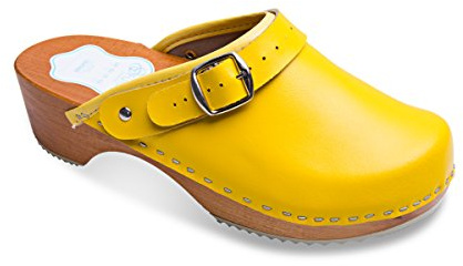 FUTURO FASHION Women's Healthy Natural Genuine Leather Wooden Sole Plain Clogs Unisex, Yellow, 7 UK