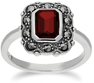 Gemondo Grenade Bague, Argent Sterling Grenade & Marcassite Octogone Art Nouveau Bague - Grenat