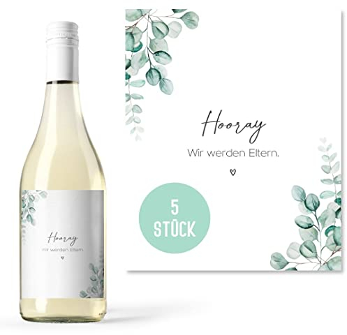 Flaschenetiketten Schwangerschaft verkünden (5 Stück) | Geschenk Babyparty oder Geburt Baby | Aufkleber Weinflasche, Sektflasche selbstklebend (Baby Edition #4 Eucalyptus)