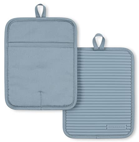 KitchenAid Ribbed Soft Silicone Pot Holder 2-Pack Set, Fog Blue, 7x9