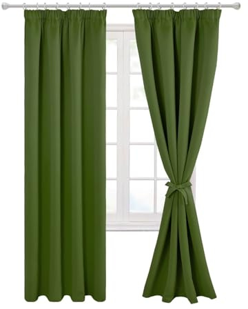 Hiasan Pencil Pleat Blackout Thermal Insulated Curtains, Bedroom and Living Room with Tiebacks, Energy Saving and Noise Reducing, 2 Panels, 55 x 69 Inch, Green