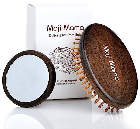 Maji Mama Handmade Oval Wooden Hair Brush Mini Cosmetic Mirror Set,Mini Travel Portable Hairbrush with Bamboo Pins/Boar Bristles (Bamboo Pins)