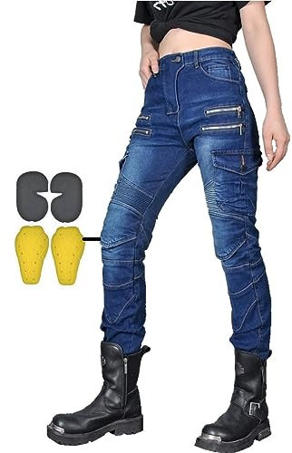 CBBI-WCCB Mujer Moto Jeans Motocicleta Pantalones con Almohadilla Protectora (FR/ES, Medida de la Cintura & Longitud de la Pernera, 32, 31, Azul)