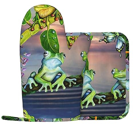Ofenhandschuhe und Topflappen-Sets Viele Frösche singen auf den Zweigen, Sommer, Schmetterlinge, See, Wasser, bedruckt, hitzebeständig, Ofenhandschuhe, rutschfest, waschbar, Kochhandschuhe für Küche,