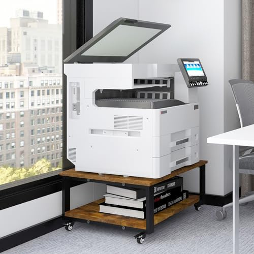 PUNCIA 2 Tier Laser Printer Stand with Paper Storage Shelf | Heavy Duty Rolling Cart on Wheels Large Wooden Side Table Copier Holder Multifunctional Organiser Home Office Equipment Rero