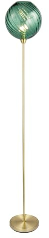 Happy Homewares Designer Chic Floor Lamp with Brushed Gold Base and Emerald Green Swirl Glass Shade | 157cm x 25cm | for Lounge, Dining Room, Bedroom etc | Foot Switch