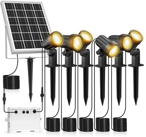 MEIKEE Solar Strahler 6 Stück 2700K Warmweiß Solar Gartenleuchte mit Erdspieß IP66 Wasserdicht 3 Helligkeit 2 Modi Gartenbeleuchtung 6000MAH Solarlampen für Außen Garten Rasen Terrasse Baum
