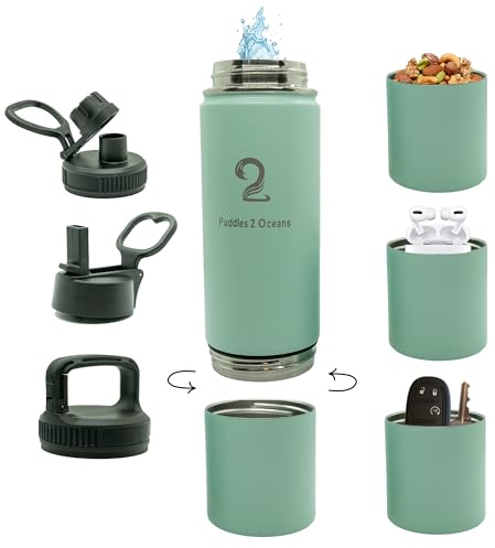 Puddles 2 Oceans Insulated Water Bottle & Snack Container - 26oz Stainless Steel, 3 Lids, Leak & Spill Proof, Keeps Drinks Hot/Cold, Perfect for Hiking, School, Gym, Travel