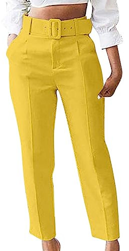 Keepink Arbeitshose für Damen, Büro, elegante Stretch-Anzughose mit Gürtel, gerades Bein, tailliert, hoher elastischer Bund, konischer Knöchel, Grazer Slim, 032 Gelb, XXL
