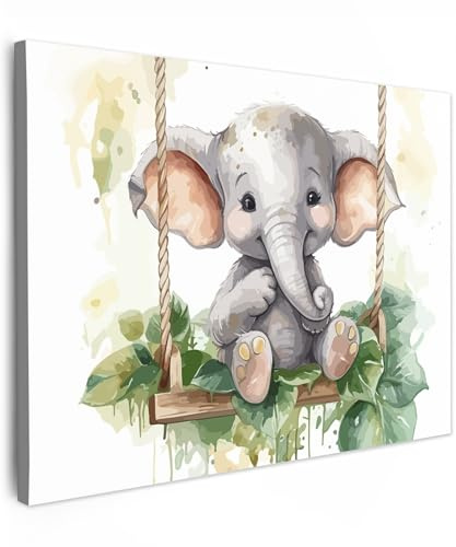 MuchoWow© Leinwand 40x30 cm Deko Schlafzimmer Aesthetic Leinwandbilder Wohnzimmer Gemälde Foto Geschenk Living Room Decoration Elefant - Tier - Kinder - Dschungel - Kinderzimmer - Babyzimmer