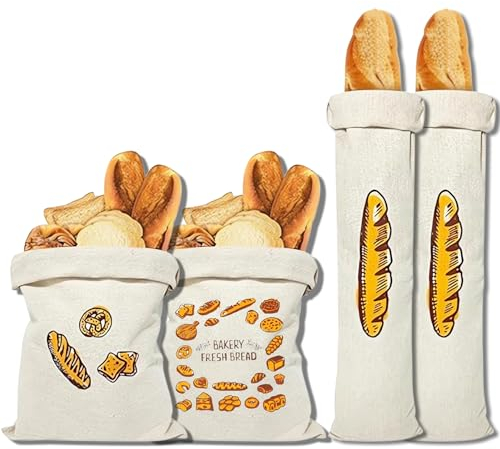 Auvstar Sac à Pain Réutilisable en Coton Lin - Cordon Respirant Frais - Paquet de 4 Pour Conserver Les Baguettes, Le Pain, Les Fruits et Légumes