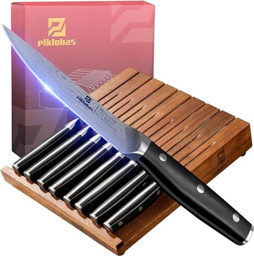 Steak Knives Set of 8 with Drawer Organizer, 4.5 Inch Non Serrated Dinner Knife, Forged German Steel Damascus Pattern Straight Edge Meat Knife with Full Tang Handle, Dishwasher Safe, Black