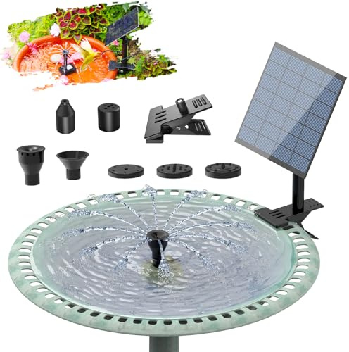 SUJFEE DIY Fontaine Solaire 2,5W Bain D'oiseau avec Pinces Fixes Mise à Niveau Détachable Pompe avec 6 Effets de Pulvérisation pour Bassins d'agrément, Étangs,Exterieur Jardin