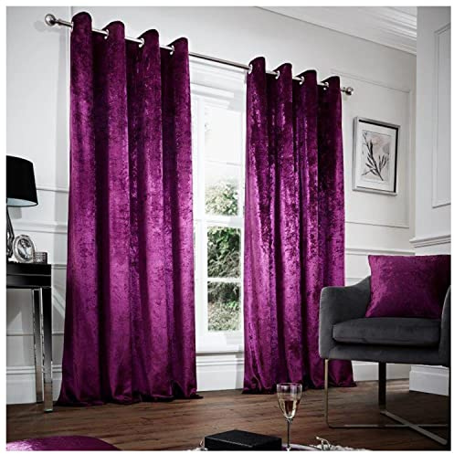 GC GAVENO CAVAILIA Modern Energy Efficient Bedroom Curtains | Crushed Velvet Eyelet Curtains & Drapes | Fully Lined Thermal Insulated Curtain For Bedroom & Living Room | Aubergine, 66X72 Inch