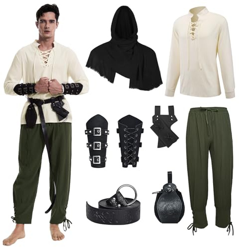 MVFEUIJ Costume médiéval de la Renaissance pour homme, costume de Viking, chemise à lacets, pantalon avec accessoires, costume d'Halloween pour cosplay, mascarade, magicien, Pantalon vert, L
