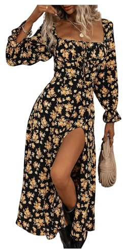GORGLITTER Women's Floral Long Sleeve Boho Square Neck Maxi Dress Tie Front Split Swing A Line Long Milkmaid Dress Black and Yellow S