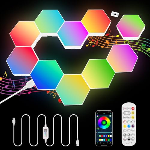 URAQT Hexagonal LED Pared Luces 10pcs RGB Gaming Panel, 16 Millones Colores Paneles LED Hexagonal, Sincronización de Música Hexagonales Gamer Habitacion Pared Decoracion Lampara Smart App