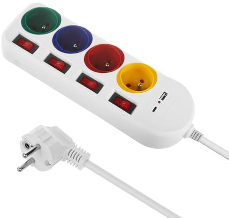 Maclean MCE508 Regleta de 4 Enchufes Tipo E con 2 Puertos USB (A y C) 5V/3.1A QC 2.0, USB-C 18W PD | Toma Múltiple, máx. 2500 W 10 A | Cable de 1,5 m (Blanco/Multicolor)