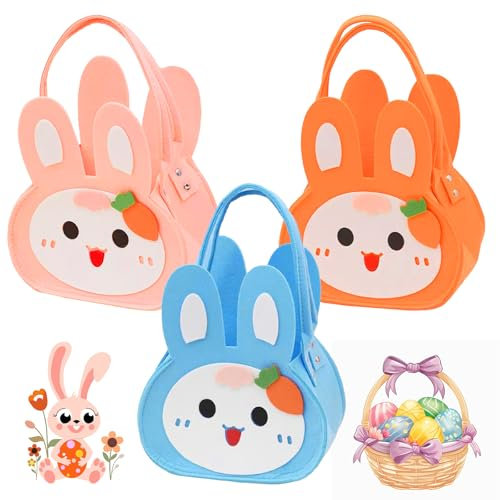 ZoneYan 3 Piezas Canasta de Conejito de Pascua, Cesta de Fieltro para Rellenar, Bolsa de Fieltro Conejito de Pascua para Regalar, Decoracion Pascua (Carrot Rabbit)