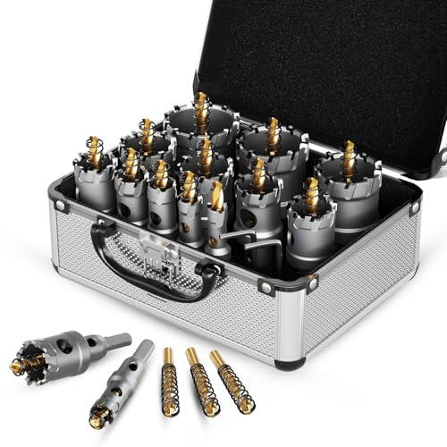 12 Stück Lochsäge Metall Set, Lochsäge Hartmetall-Bohrer mit Titan-Piloten und L-Wrench, TCT Lochschneider für Löchern in Edelstahl, Eisen, Holz, Kunststoff
