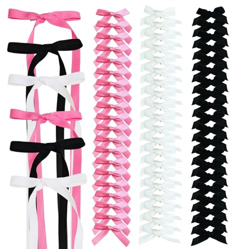 Bow Hair Clips, 66Pcs Satin Ribbon Hair Bows Bowknot Hairpin for Women Girls Children Pink White Black