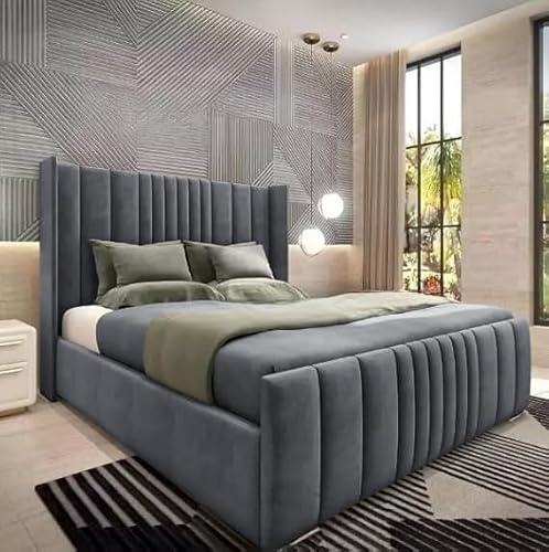6FT Super King Ottoman Storage Divan Base Wingback Bedframe With Headboard Upholstered In Plush Velvet Bed End Lift Up - No Mattress (Steel Plush, 6FT Super King With End Lift Storage - No Mattress)