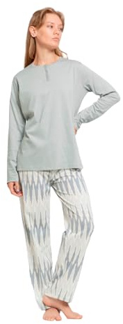 TRAMAS+ Pigiama Donna 100% Cotone, Pigiama Lungo Donna, Completo Maglia Maniche Lunghe e Pantaloni Lunghi con Vita Regolabile - XL, Lalita Agua Marina