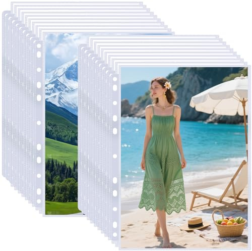 100 Pack 8x10 Photo Sleeves for 3 Ring Binder - Holds 200 Photos, Archival Safe, Acid-Free, Clear Plastic Page Protectors for Photo Albums, Postcards, Pictures