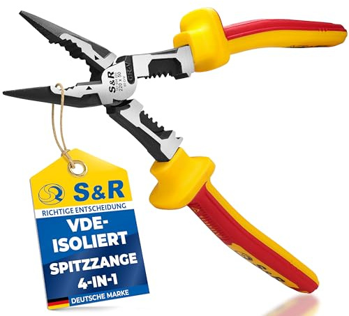 S&R Pinze Elettricista 220 mm VDE 1000V. Pinza a Becco Lungo Multifunzione 4 in1 per Tagliare, Serrare, Spelare e Crimpare – Pinza Elettricista 220mm in Acciaio 60CrV con Funzione Spelafili AWG 10-18