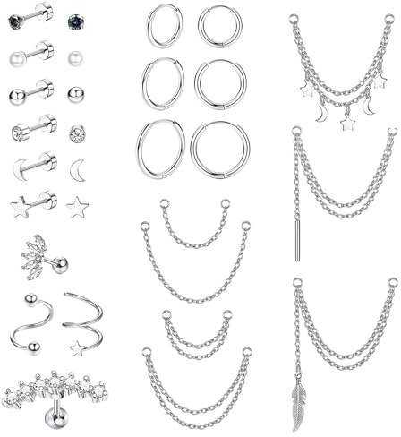 UJBVCX 29Pcs Piercing Orecchini Donna Inossidabile Piercing Orecchio Set Helix Trago Conch Piccoli Cerchio Catena CZ Orecchino Cartilagine Multi Piercings