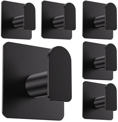 Aikzik Strong Self Adhesive Hooks - 6 Pack Heavy Duty 8kg(Max), Stainless Steel Sticky Hooks for Hanging for Towel, Coat, Robe, Stick on Bathroom, Kitchen, Door and Wall, Black
