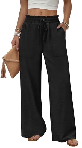 WIHOLL Wide Leg Palazzo Trousers Casual Summer Women's Clothing Elastic Drawstring Waist Soft Light Pants with Pockets for Beach Travel Daily Wearing
