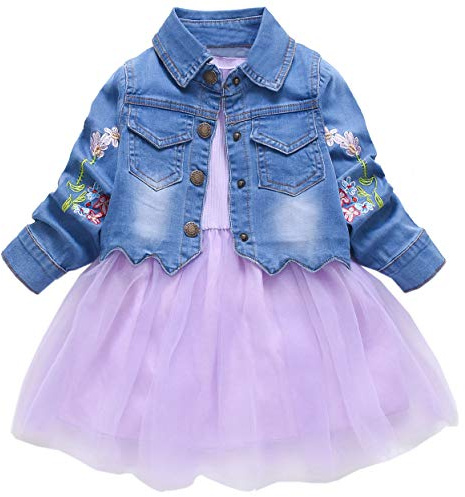 Yao vår höst små flickor kläder set barn denim jacka och långärmad klänning 2 delar set, Lila, 4år