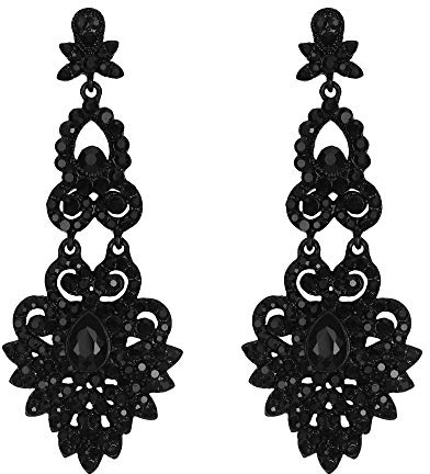 EVER FAITH® Femme Boucle d'Oreille Vintage Bijou Mariage Cristal Autrichien Strass Orné Goutte d'Eau Tout Noir