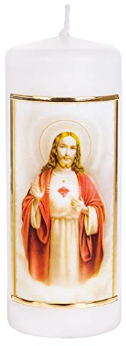 FRITZ COX Heiligenkerze Herz-Jesu Darstellung - Symbol der Liebe von Jesus Christus - Qualitätskerze - 6x15cm - Bis zu 44 Stunden Brenndauer