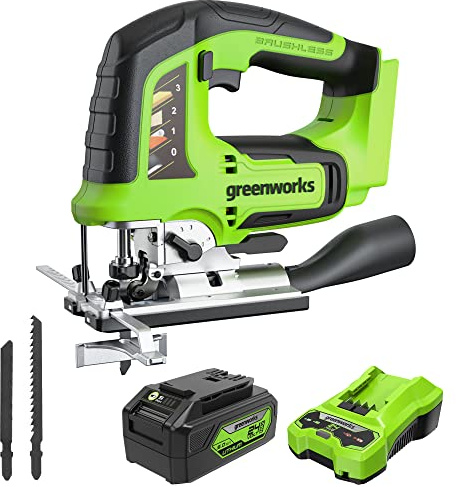 Greenworks 24V Brushless 1 Cordless Jig Saw (3,000 SPM / 4 Settings / LED Light), 4.0Ah USB Battery and Charger Included