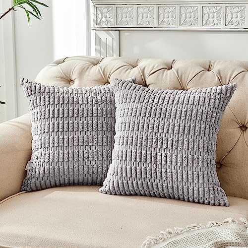 FY FIBER HOUSE 2er Set gemütliche Gestreifter Kordsamt Kissenbezüge Kissenhülle, dekorative quadratische Zierkissenbezüge für Couch, Bett, Sofa, 50x50cm, Grau
