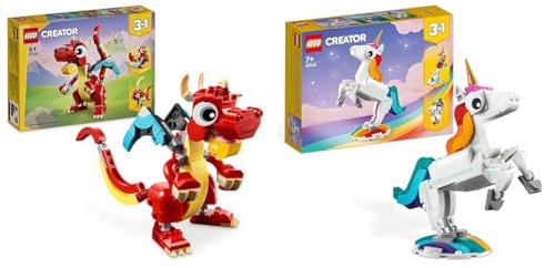 LEGO Creator 3 in 1 Magical Unicorn Toy to Seahorse to Peacock & Creator 3in1 Red Dragon Toy to Fish Figure to Phoenix Bird Model