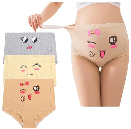 Damen Umstandsmode Hohe Taille Unterwäsche Schwangerschaft Umstandshöschen Schwangerschaftshöschen Baumwolle mit Smiley-Aufdruck Verstellbarem Hüftgurt Höschen,3er-Pack,L