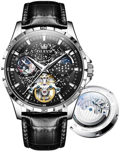 OLEVS Tourbillon - Reloj de pulsera automático para hombre con diseño de esqueleto estrellado, mecanismo de cuerda automática, resistente al agua, correa de acero inoxidable, 6689-black Dial Belt,