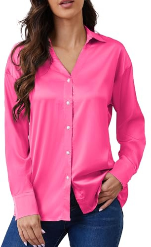 Achinel Satin Silk Shirts Womens V Neck Blouses Button Down Ladies Long Sleeve Top Casual Shirts Rose Red M