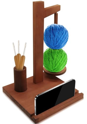 Porta filato per uncinetto e maglia con supporto per telefono, porta filato in legno per uncinetto con fusi, porta gomitolo di filato, accessori per filato, regali per filato per principianti amanti