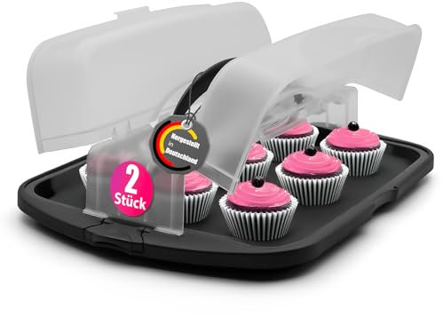 BigDean 2 Stück Kuchen Transportbox XL rechteckig in Anthrazit – Muffin Transportbox Made in Germany